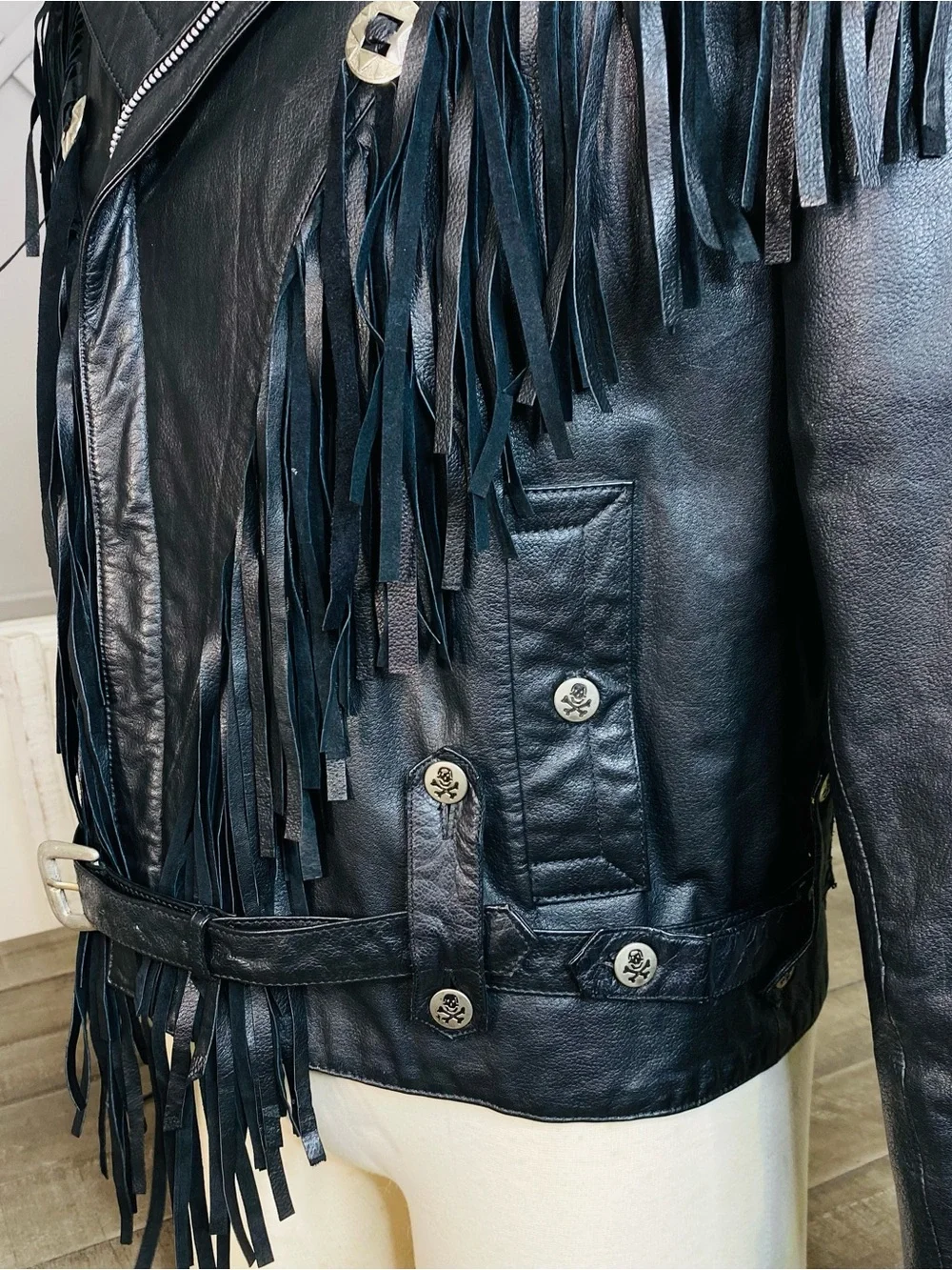 Vintage Leather Warehouse Black Fringe Moto Jacket Belted Western Rock Sz 44